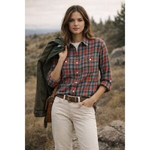 Ralph Lauren Red Plaid Cotton Flannel Shirt Roll Tab Sleeve Large Heritage Prep